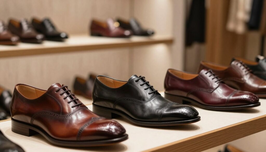 A stylish display of Lloyd shoes arranged elegantly, showcasing a variety of their signature models. In the foreground, there are three pairs of polished leather dress shoes: a classic Oxford in dark brown, a sophisticated brogue in black, and a modern loafers in deep burgundy, all reflecting subtle highlights of soft lighting. The middle ground features a blurred elegant boutique backdrop with textures of wooden shelves and soft fabric, enhancing the focus on the shoes. The atmosphere should convey luxury and craftsmanship, with warm ambient lighting to create a welcoming and refined mood. Capture the scene from a slightly elevated angle to highlight the details of the shoes, emphasizing their quality and design without any distractions. A stylish display of Lloyd shoes arranged elegantly, showcasing a variety of their signature models. In the foreground, there are three pairs of polished leather dress shoes: a classic Oxford in dark brown, a sophisticated brogue in black, and a modern loafers in deep burgundy, all reflecting subtle highlights of soft lighting. The middle ground features a blurred elegant boutique backdrop with textures of wooden shelves and soft fabric, enhancing the focus on the shoes. The atmosphere should convey luxury and craftsmanship, with warm ambient lighting to create a welcoming and refined mood. Capture the scene from a slightly elevated angle to highlight the details of the shoes, emphasizing their quality and design without any distractions.