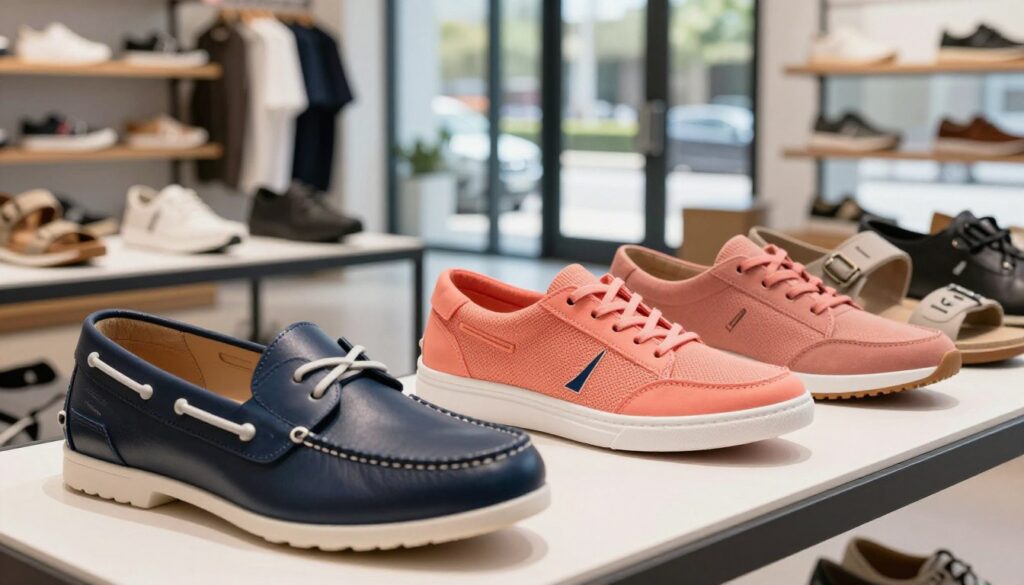 A stylish display of Nautica footwear showcasing three distinct styles: a pair of elegant men's boat shoes in navy blue, a sporty pair of women's sneakers in a vibrant coral, and casual sandals for both genders in neutral tones. The foreground features a close-up on the shoes, emphasizing their quality materials and craftsmanship, with textures like leather and breathable fabric clearly visible. The middle ground shows a modern retail environment with well-organized shoe racks, highlighting a variety of Nautica's offerings. In the background, soft natural light filters through large glass windows, creating a warm and inviting atmosphere. The scene conveys a sense of comfort, style, and quality, suitable for an informative article about Nautica's shoes.