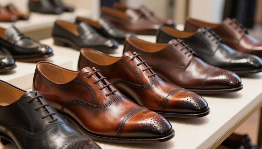 A stylish display of Ottimo dress shoes, showcasing their premium materials and elegant design. In the foreground, feature a close-up of a pair of classic leather half-derby shoes with exquisite stitching and a rich, polished finish. The middle ground should include a variety of other Ottimo styles, such as brogues and loafers, arranged artfully to highlight the versatility of the collection. The background features a softly blurred elegant setting, evoking a refined boutique atmosphere, with warm, natural lighting accentuating the textures of the shoes. The image should capture a sophisticated yet inviting mood, focusing on the craftsmanship and quality materials used in the Ottimo footwear collection. A stylish display of Ottimo dress shoes, showcasing their premium materials and elegant design. In the foreground, feature a close-up of a pair of classic leather half-derby shoes with exquisite stitching and a rich, polished finish. The middle ground should include a variety of other Ottimo styles, such as brogues and loafers, arranged artfully to highlight the versatility of the collection. The background features a softly blurred elegant setting, evoking a refined boutique atmosphere, with warm, natural lighting accentuating the textures of the shoes. The image should capture a sophisticated yet inviting mood, focusing on the craftsmanship and quality materials used in the Ottimo footwear collection.