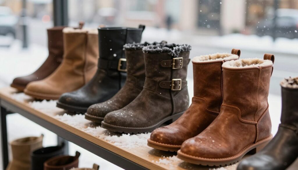A stylish display of Ottimo winter boots and ankle boots, featuring a variety of designs showcasing quality craftsmanship and durability. In the foreground, a close-up of a pair of classic leather boots with soft linings, highlighting intricate stitching and textures. The middle ground reveals a selection of trendy ankle boots with unique buckles and cozy wool accents. The background features a softly blurred wintry street scene, with snow gently falling, creating a warm and inviting atmosphere. Use soft, diffused lighting to emphasize the rich colors of the boots, and capture the scene from a slightly elevated angle to showcase the products effectively. The overall mood conveys comfort and elegance suitable for colder days. A stylish display of Ottimo winter boots and ankle boots, featuring a variety of designs showcasing quality craftsmanship and durability. In the foreground, a close-up of a pair of classic leather boots with soft linings, highlighting intricate stitching and textures. The middle ground reveals a selection of trendy ankle boots with unique buckles and cozy wool accents. The background features a softly blurred wintry street scene, with snow gently falling, creating a warm and inviting atmosphere. Use soft, diffused lighting to emphasize the rich colors of the boots, and capture the scene from a slightly elevated angle to showcase the products effectively. The overall mood conveys comfort and elegance suitable for colder days.