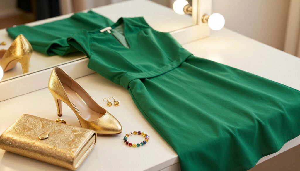 A stylish display of a green dress with coordinating accessories, arranged artfully on a chic dressing table. In the foreground, a pair of elegant gold heels and a matching gold clutch purse rest on a soft, textured fabric. In the middle, delicate pieces of jewelry like gold earrings and a colorful gemstone bracelet are positioned attractively, harmonizing with the outfit. The background features a soft-focus mirror reflecting ambient light, creating a warm and inviting atmosphere. The overall mood is sophisticated and fashionable, with natural lighting that highlights the richness of the green dress and the shimmer of the accessories. Ideal for an upscale, fashion-forward setting. A stylish display of a green dress with coordinating accessories, arranged artfully on a chic dressing table. In the foreground, a pair of elegant gold heels and a matching gold clutch purse rest on a soft, textured fabric. In the middle, delicate pieces of jewelry like gold earrings and a colorful gemstone bracelet are positioned attractively, harmonizing with the outfit. The background features a soft-focus mirror reflecting ambient light, creating a warm and inviting atmosphere. The overall mood is sophisticated and fashionable, with natural lighting that highlights the richness of the green dress and the shimmer of the accessories. Ideal for an upscale, fashion-forward setting.