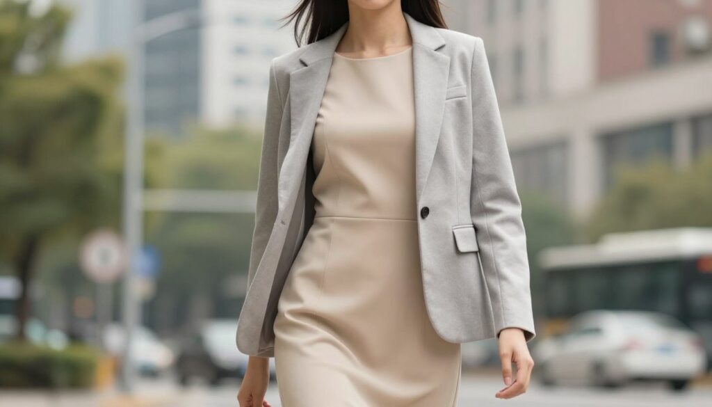 A stylish fashion composition featuring a model wearing a sophisticated beige dress paired with a tailored blazer. The model, showcased in a three-quarter pose, stands confidently in an urban setting, with soft natural lighting that enhances the warm tones of her outfit. The blazer, in a complementary shade of soft gray, adds a polished touch to the look. In the background, a blurred cityscape highlights a vibrant yet subtle atmosphere, with hints of greenery peeking through. The focus is on the harmonious combination of textures and colors, creating an elegant and cohesive style that reflects a modern professional aesthetic. The image should evoke a sense of sophistication and confidence, perfect for showcasing seamless styling ideas.
