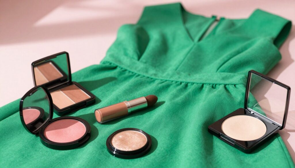 A stylish flat lay featuring blush, bronzer, and highlighter arranged elegantly next to a vibrant green dress. The foreground highlights an assortment of makeup products with soft textures and luxurious packaging, including a blush compact, a bronzer palette, and a shimmering highlighter. The middle ground includes the lush green dress displayed gracefully, accentuating the colors of the makeup. The background is softly blurred to create a dreamy atmosphere, with natural light streaming in, casting gentle shadows that add depth. The overall mood is chic and sophisticated, perfect for fashion enthusiasts looking to enhance their beauty with a green dress. The color palette focuses on soft pinks, warm bronzes, and radiant highlights to complement the dress. A stylish flat lay featuring blush, bronzer, and highlighter arranged elegantly next to a vibrant green dress. The foreground highlights an assortment of makeup products with soft textures and luxurious packaging, including a blush compact, a bronzer palette, and a shimmering highlighter. The middle ground includes the lush green dress displayed gracefully, accentuating the colors of the makeup. The background is softly blurred to create a dreamy atmosphere, with natural light streaming in, casting gentle shadows that add depth. The overall mood is chic and sophisticated, perfect for fashion enthusiasts looking to enhance their beauty with a green dress. The color palette focuses on soft pinks, warm bronzes, and radiant highlights to complement the dress.