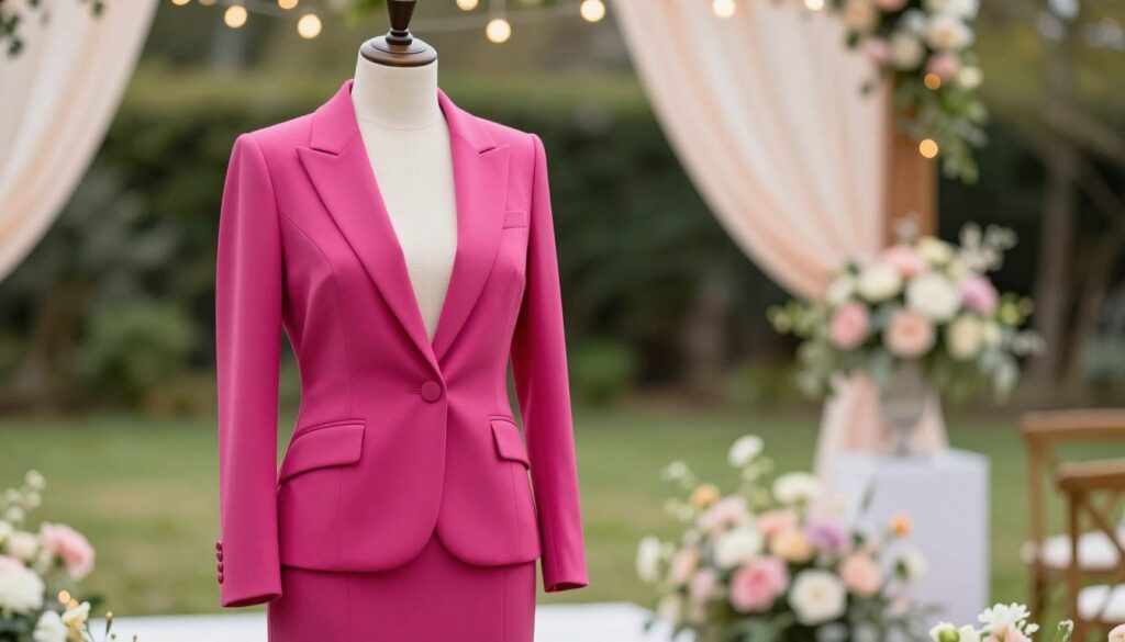 A stylish fuchsia blazer designed to complement a matching fuchsia dress, set against a soft-focus outdoor wedding scene. In the foreground, the blazer is displayed on a tailored mannequin, showcasing its elegant lines and structured silhouette. The middle ground features delicate floral arrangements typical of weddings, with soft greenery and pastel blooms, adding to the romantic atmosphere. The background incorporates a subtle blurred view of outdoor wedding decorations—twinkling lights and elegant draping fabric—which enhances the celebratory mood. Soft, natural daylight filters through, creating a warm and inviting glow. The overall composition evokes a sense of sophistication and joy, perfect for wedding attire. A stylish fuchsia blazer designed to complement a matching fuchsia dress, set against a soft-focus outdoor wedding scene. In the foreground, the blazer is displayed on a tailored mannequin, showcasing its elegant lines and structured silhouette. The middle ground features delicate floral arrangements typical of weddings, with soft greenery and pastel blooms, adding to the romantic atmosphere. The background incorporates a subtle blurred view of outdoor wedding decorations—twinkling lights and elegant draping fabric—which enhances the celebratory mood. Soft, natural daylight filters through, creating a warm and inviting glow. The overall composition evokes a sense of sophistication and joy, perfect for wedding attire.