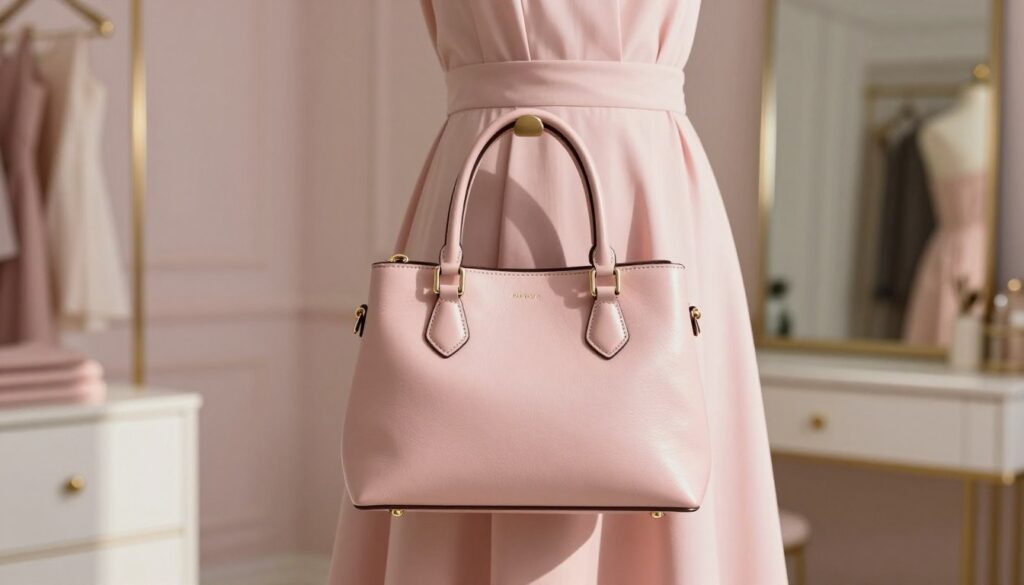 A stylish handbag that complements a delicate pink dress, centrally placed in the foreground. The handbag is elegant, featuring soft, supple leather with subtle metallic accents that catch the light. In the middle ground, a soft pink dress hangs on a mannequin, accentuating the handbag’s color harmony. The backdrop is a light, airy dressing room with pastel-colored walls and a mirror reflecting the soft glow of warm sunlight. The scene should evoke a chic and feminine atmosphere, with natural lighting enhancing the textures of the handbag and dress. A shallow depth of field draws focus to the handbag while the dress remains softly blurred, creating an inviting, sophisticated mood.