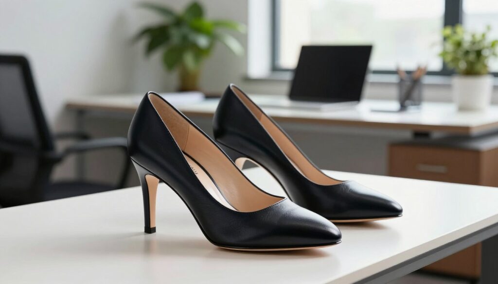 A stylish pair of Aldo high-heeled shoes designed for work, showcased elegantly in a professional office setting. In the foreground, the shoes are prominently displayed, featuring a sleek and contemporary design, made from high-quality leather with a polished finish. The heel height adds sophistication while maintaining comfort for all-day wear. In the middle background, a stylish office environment with a modern desk, a laptop, and greenery creates an inviting workspace atmosphere. Soft, natural lighting streams through a nearby window, enhancing the shoes’ details and texture. The angle is slightly elevated, showing the shoes from the side and a touch of the office environment, conveying a professional yet fashionable mood suitable for both work and special occasions. A stylish pair of Aldo high-heeled shoes designed for work, showcased elegantly in a professional office setting. In the foreground, the shoes are prominently displayed, featuring a sleek and contemporary design, made from high-quality leather with a polished finish. The heel height adds sophistication while maintaining comfort for all-day wear. In the middle background, a stylish office environment with a modern desk, a laptop, and greenery creates an inviting workspace atmosphere. Soft, natural lighting streams through a nearby window, enhancing the shoes’ details and texture. The angle is slightly elevated, showing the shoes from the side and a touch of the office environment, conveying a professional yet fashionable mood suitable for both work and special occasions.