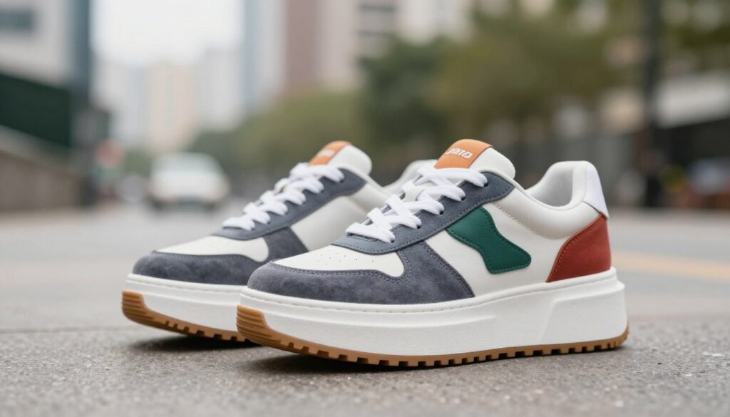 A stylish pair of platform sneakers by Jana, prominently featured in the foreground on a smooth, polished surface. The sneakers have a modern design with vibrant colors and unique textures, showcasing their versatility for everyday wear. In the middle ground, a softly blurred urban setting with gentle outdoor lighting creates an inviting atmosphere. The background includes a hint of a cityscape with greenery to add freshness to the scene. The image is taken from a slightly low angle to emphasize the height of the platform and the sneaker's contemporary structure. The overall mood is energetic and fashionable, appealing to those seeking trendy yet comfortable footwear choices. Ensure there are no additional elements or text in the image.