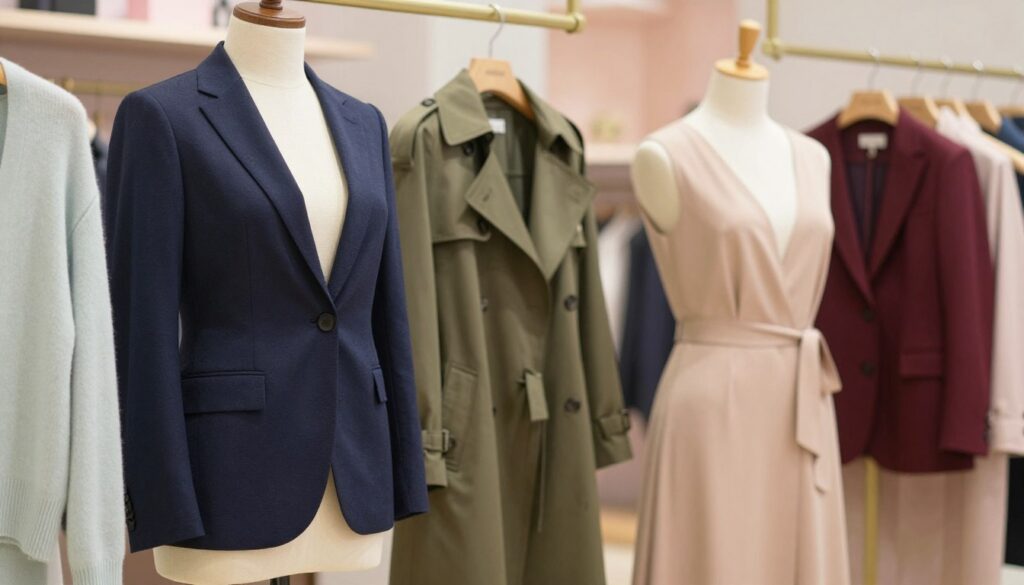 A stylish scene featuring a beige dress elegantly paired with various jacket options, showcasing both casual and formal styles. In the foreground, a mannequin displays a fitted navy blazer with subtle texture next to a light pastel cardigan, highlighting versatility. In the middle, a beautifully draped olive green trench coat offers a sophisticated option, while a striking burgundy tailored jacket provides an eye-catching contrast. The background is softly blurred, presenting a modern boutique setting with delicate pastel decor and hangers displaying other jackets. Warm, soft lighting enhances the fabrics and colors, creating an inviting and stylish atmosphere. The focus is on the interplay of colors and styles, emphasizing suitability for daily wear or special occasions, inspiring fashion choices.