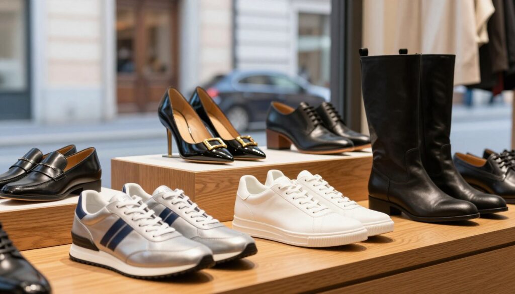 A stylish scene showcasing a collection of Replay footwear, prominently featuring various models of elegant, high-quality Italian shoes. In the foreground, a pair of sleek, contemporary sneakers and classic boots sit on a polished wooden surface, highlighted by soft, natural lighting that accentuates their textures and colors. In the middle ground, a stylish display rack displays more Replay shoes, with a focus on innovative designs and luxurious materials. The background features a subtle, blurred urban environment that reflects Italy's vibrant fashion scene, enhancing the atmosphere of sophistication and style. The mood is chic and modern, evoking a sense of timeless fashion and craftsmanship associated with the Replay brand. A stylish scene showcasing a collection of Replay footwear, prominently featuring various models of elegant, high-quality Italian shoes. In the foreground, a pair of sleek, contemporary sneakers and classic boots sit on a polished wooden surface, highlighted by soft, natural lighting that accentuates their textures and colors. In the middle ground, a stylish display rack displays more Replay shoes, with a focus on innovative designs and luxurious materials. The background features a subtle, blurred urban environment that reflects Italy's vibrant fashion scene, enhancing the atmosphere of sophistication and style. The mood is chic and modern, evoking a sense of timeless fashion and craftsmanship associated with the Replay brand.
