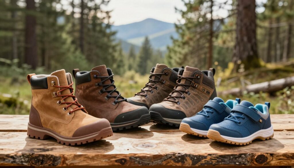 A vibrant display featuring a selection of Lumberjack footwear: a pair of stylish women's boots, rugged men's hiking shoes, and comfortable children's sneakers. The foreground showcases the shoes on a rustic wooden surface, reflecting natural textures. In the middle ground, a cozy, forested environment conveys an outdoor adventure theme, with soft, diffused sunlight filtering through the trees, creating a warm atmosphere. The background features a blurred landscape of pine trees and distant mountains, enhancing the sense of exploration. The image emphasizes quality craftsmanship and practicality. Capture the mood of comfort, durability, and family-oriented outdoor activities, with an inviting color palette that resonates with nature. Use a warm, soft focus lens to enhance the pleasant ambiance. A vibrant display featuring a selection of Lumberjack footwear: a pair of stylish women's boots, rugged men's hiking shoes, and comfortable children's sneakers. The foreground showcases the shoes on a rustic wooden surface, reflecting natural textures. In the middle ground, a cozy, forested environment conveys an outdoor adventure theme, with soft, diffused sunlight filtering through the trees, creating a warm atmosphere. The background features a blurred landscape of pine trees and distant mountains, enhancing the sense of exploration. The image emphasizes quality craftsmanship and practicality. Capture the mood of comfort, durability, and family-oriented outdoor activities, with an inviting color palette that resonates with nature. Use a warm, soft focus lens to enhance the pleasant ambiance.