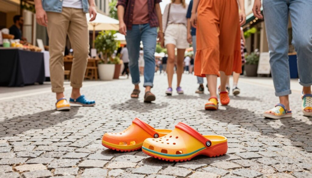 A vibrant scene showcasing Kubota clogs in a stylish urban setting. In the foreground, a pair of colorful, modern Kubota clogs rests on a textured cobblestone pavement, reflecting a playful and trendy design. The middle ground features a diverse group of fashionably dressed individuals, wearing casual yet stylish outfits, walking and interacting with each other while showcasing their own pairs of Kubota clogs, emphasizing their popularity. In the background, a lively street market with stalls and greenery adds a sense of community. The lighting is bright and cheerful, suggesting a sunny day, with soft shadows adding depth to the scene. The mood is energetic and positive, capturing the essence of the phenomenon surrounding Kubota clogs. A vibrant scene showcasing Kubota clogs in a stylish urban setting. In the foreground, a pair of colorful, modern Kubota clogs rests on a textured cobblestone pavement, reflecting a playful and trendy design. The middle ground features a diverse group of fashionably dressed individuals, wearing casual yet stylish outfits, walking and interacting with each other while showcasing their own pairs of Kubota clogs, emphasizing their popularity. In the background, a lively street market with stalls and greenery adds a sense of community. The lighting is bright and cheerful, suggesting a sunny day, with soft shadows adding depth to the scene. The mood is energetic and positive, capturing the essence of the phenomenon surrounding Kubota clogs.