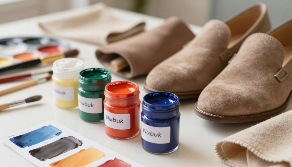A visually appealing arrangement of various paint containers labeled for use on suede, nubuck, and fabric materials. In the foreground, showcase a set of vibrant paint jars with different color swatches beside them, emphasizing their smooth surfaces and rich hues. In the middle ground, display a pair of clean, well-organized shoes made of suede and nubuck, hinting at the application of paint. The background reveals a softly lit workspace with brushes, color palettes, and fabric swatches, creating an atmosphere of creativity and craftsmanship. Utilize warm, natural lighting to enhance the textures of the materials, highlighting the soft, velvety surfaces. Capture the scene from a slightly elevated angle, inviting viewers into this artistic process of shoe painting.