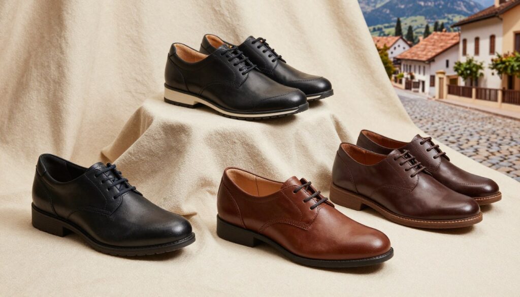 A visually striking composition showcasing the key features of Remonte footwear. In the foreground, display a variety of stylish shoes, highlighting their unique designs, comfortable fit, and attention to detail, such as cushioning and support features. The middle ground should feature a neutral backdrop, perhaps a textured fabric or smooth surface that complements the shoes without overwhelming them. In the background, hint at the brand's European origins with subtle suggestions of scenic landscapes or cityscapes, such as cobblestone streets or quaint villages. Use natural lighting to create a warm and inviting atmosphere, with soft shadows to enhance depth. Capture the scene from a slightly elevated angle to emphasize both the shoes' design and the quality materials used, making the image feel professional and well-crafted.