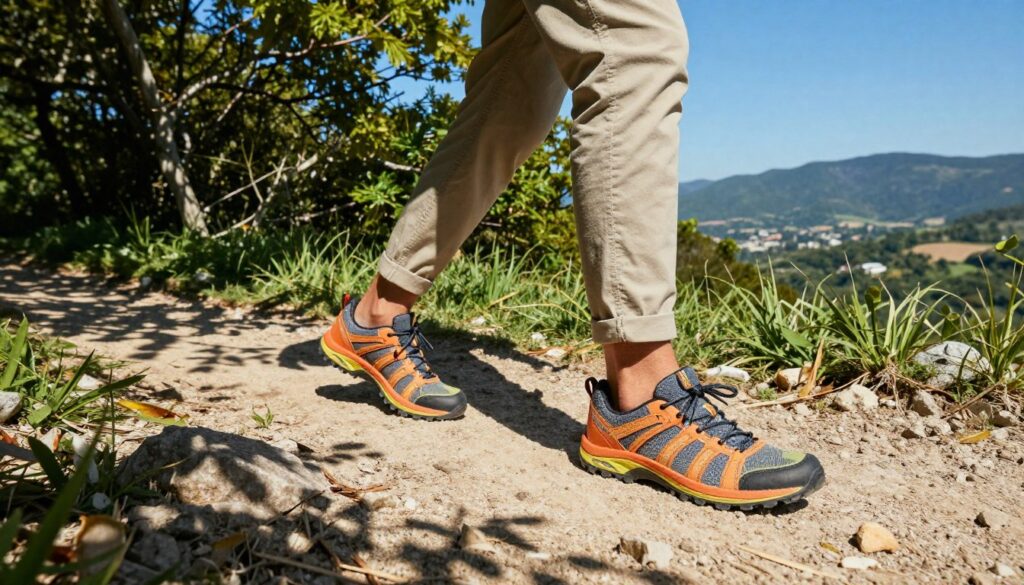 Iguana footwear being used in an active outdoor setting. In the foreground, a person in modest casual clothing is wearing vibrant Iguana shoes, showcasing their comfort and style while engaging in a dynamic activity like hiking or jogging on a rugged trail. The middle ground features lush greenery, with sunlight filtering through the trees, casting playful shadows on the ground. In the background, a scenic landscape captures a mountainous horizon under a clear blue sky. The lighting is bright and inviting, evoking a sense of adventure and energy. A wide-angle shot highlights the footwear in action, emphasizing both usability and the spirit of exploration. Iguana footwear being used in an active outdoor setting. In the foreground, a person in modest casual clothing is wearing vibrant Iguana shoes, showcasing their comfort and style while engaging in a dynamic activity like hiking or jogging on a rugged trail. The middle ground features lush greenery, with sunlight filtering through the trees, casting playful shadows on the ground. In the background, a scenic landscape captures a mountainous horizon under a clear blue sky. The lighting is bright and inviting, evoking a sense of adventure and energy. A wide-angle shot highlights the footwear in action, emphasizing both usability and the spirit of exploration.